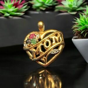 Genuine mined Ruby, Emerald, Sapphire and Diamond Mom heart pendant 24k over 925